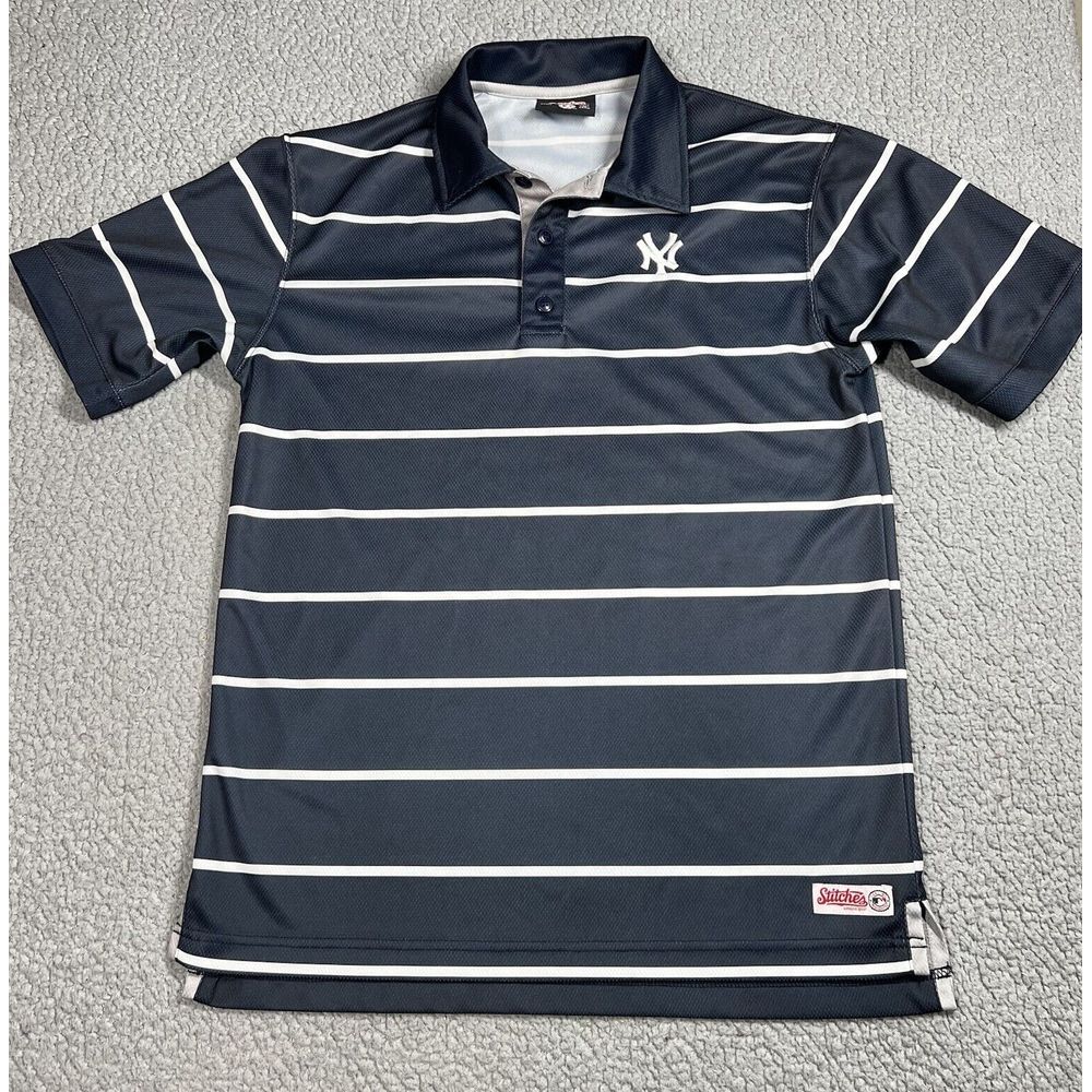 Stitches New York Yankees Polo Shirt Mens Small Blue Striped MLB Baseball Logo